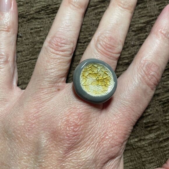 Yellow Gray Round Chunky Handmade Artisan Ceramic Glass Ring Adjustable One Size - Picture 2 of 6